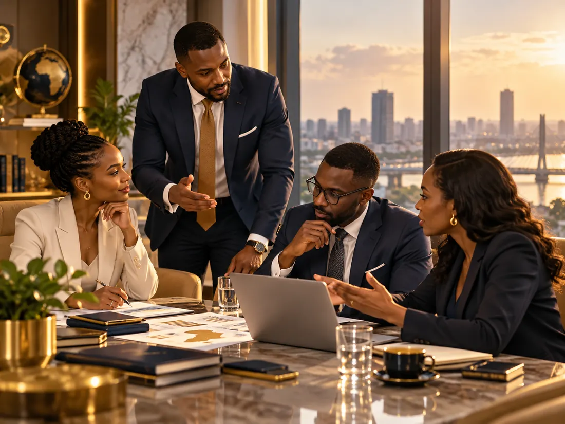 Conceptual illustration of professionals collaborating around a business plan